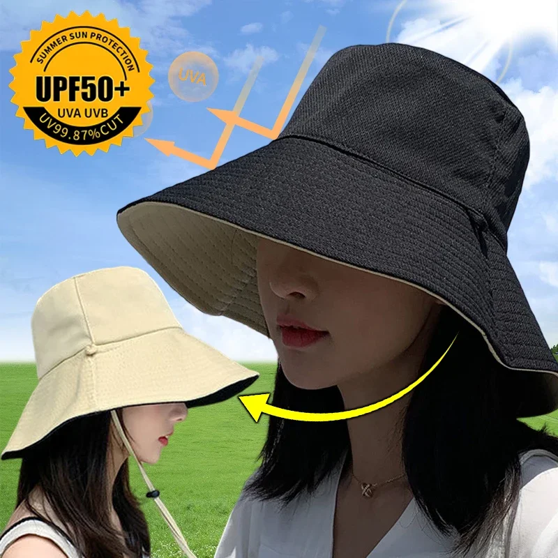 Double-sided Foldable Bucket Hat for Women Girls Summer Sun Hat Visor Fisherman Cap Anti-UV Wide Brim Sunscreen Hats Caps Gorra