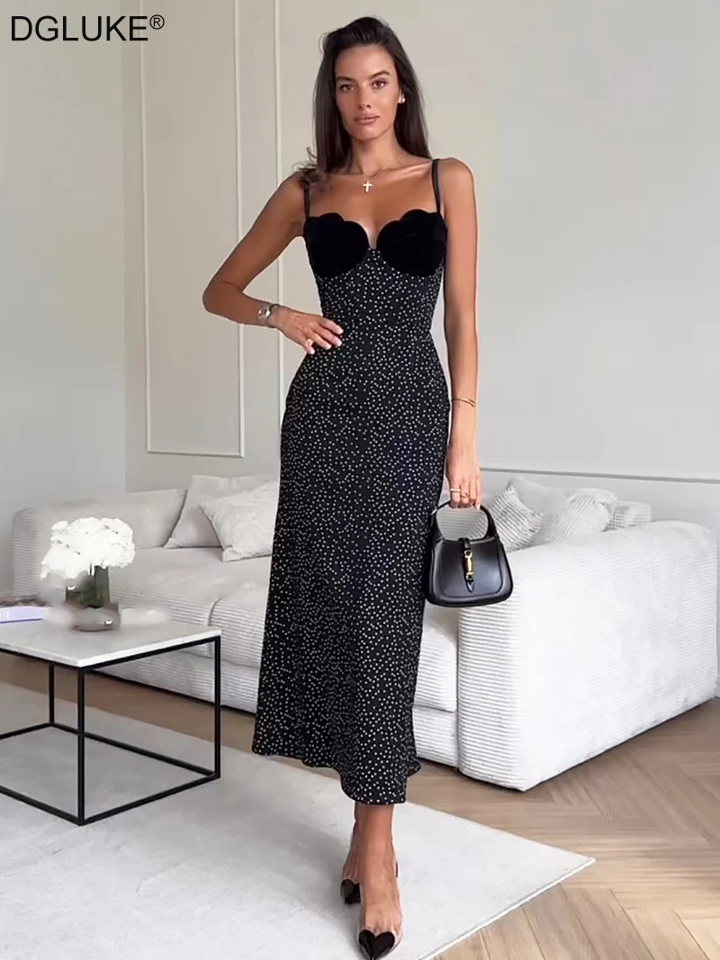 

DGLUKE Vintage Black Polka Dot Midi Dress For Women Contrast Bust Fit And Flare Summer Dress Elegant Festival Party Dress