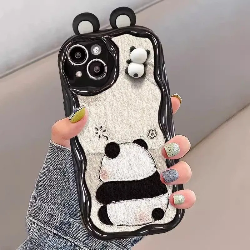 Korean Cute 3D Eyes Panda Phone Case For iPhone 15 14 13 12 11 Pro Max X XR XSMAX SE 8 7 Plus Wavy cream Silicone Cover L-Loopys