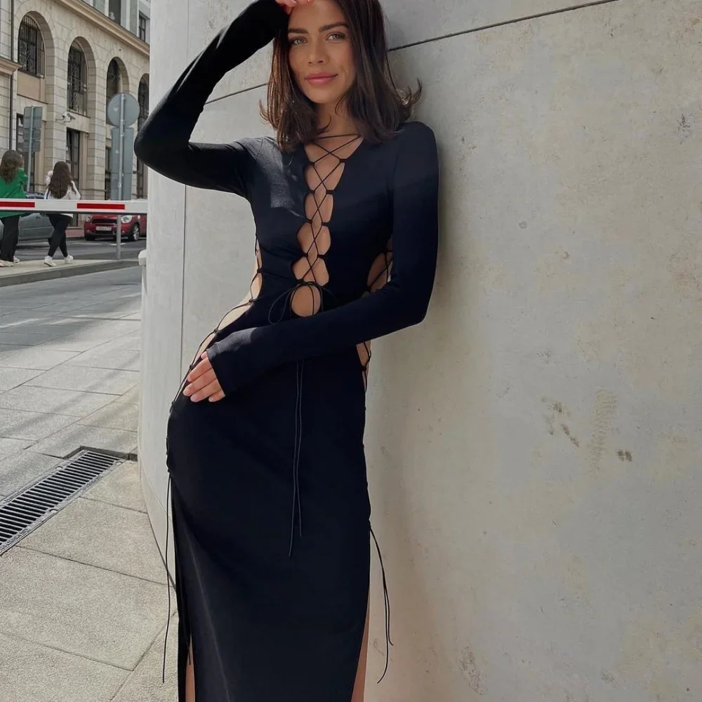 Meqeiss New Bandage Lace Up Hot Sexy Slit Maxi Dress for Women Outfits Fashion Party Club Autumn Long Sleeve Dresses Vestido