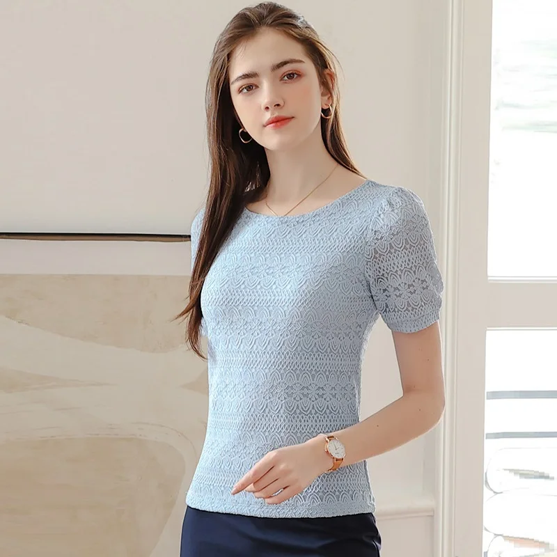 TuangBiang Summer 2023 Jacquard Lace O-Neck Short Sleeve Cotton T-Shirt Female Clothing Classic Apricot Tee Blue Hollow Out Tops