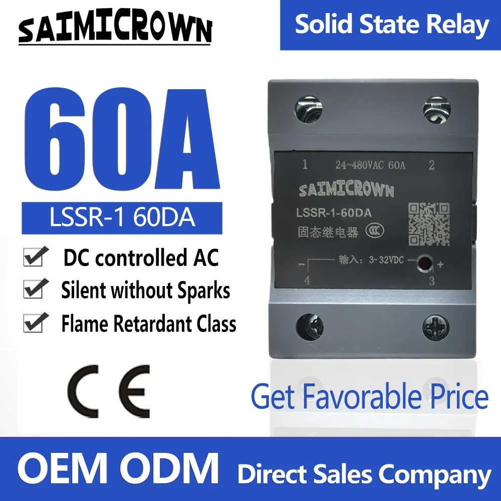 

60A Solid State Relay, SSR Module DC to AC Single Phase Semi-Conductor Relay LSSR-1 60DA for Temperature Control