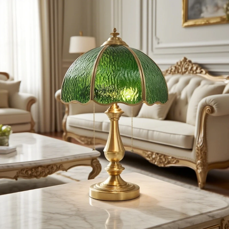 

American Retro All Copper Table Lamp LED Living Room Study Desk European Style Creative High-end Bedroom Bedside Glass Desk Lamp