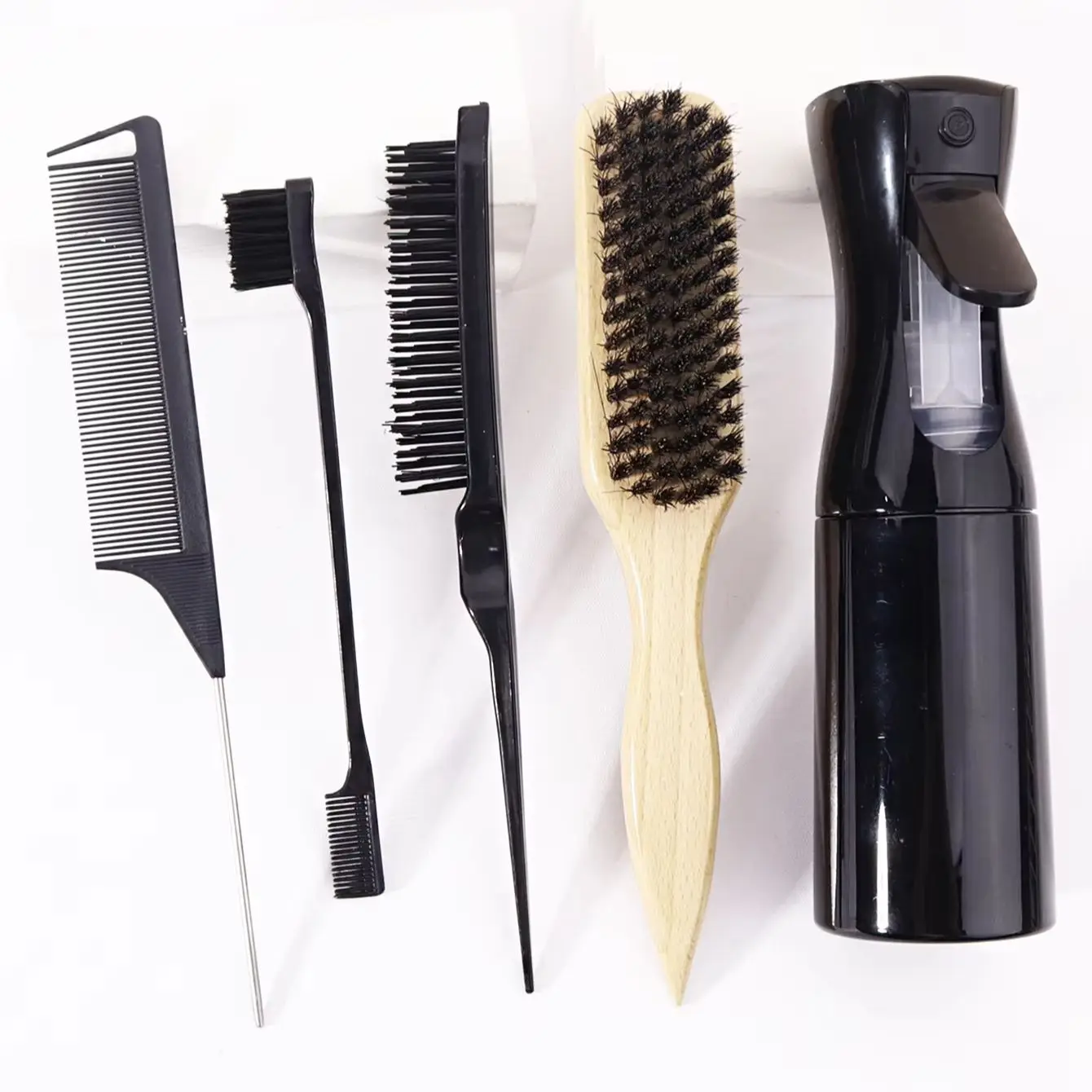 مجموعة وعاء رش فرشاة الشعر مكونة من 5 قطع، فرشاة شعر، زجاجة رذاذ، مشط ذيل الفئران، فرشاة نايلون، فرشاة حافة، خاصة للشعر المستعار الحقيقي