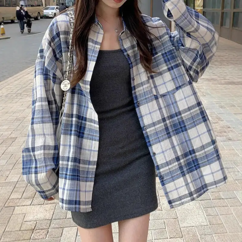 

Fashion Retro Blue Plaid Long Sleeve Shirt Cotton for Women Spring Summer Casual Loose Fit Polo Collar Sun Protection Blouse