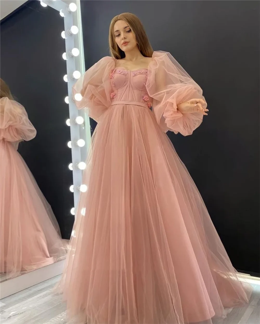 Hot Pink A Line Tulle Prom Dresses Puff Long Sleeves 3D Flowers Women Evneing Formal Gowns Outfits Event Party Gowns Customized