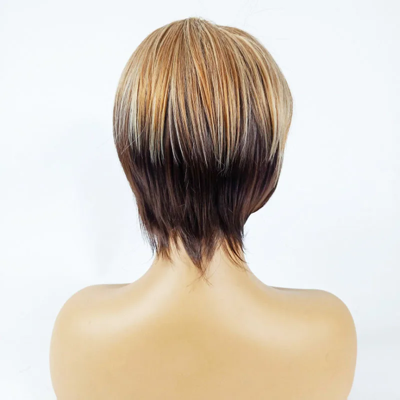 Simple And Atmospheric Women's Short Hair Full Head Cover, Brown And Yellow Highlighted Color Design, Fashionable Wig
