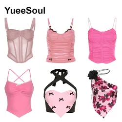 Y2k Aesthetic Crop Tops Pink Sleeveless Slim Sexy Tank Top Cute Sweet High Street Casual Camis 2024 New Summer Women Clothing