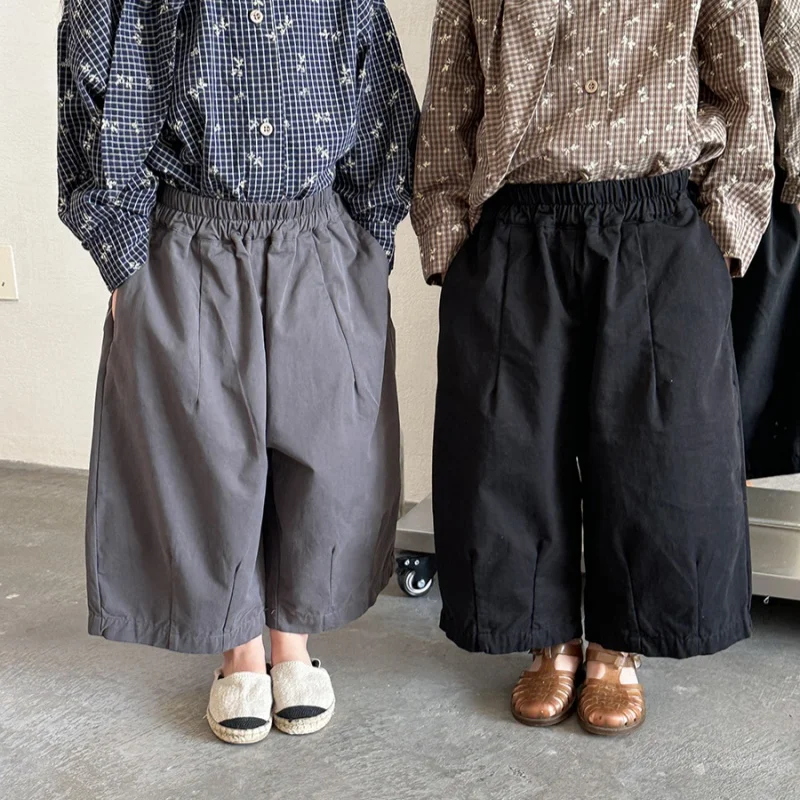 

1-7Y Kids Cotton 8-Point Wide Leg Pants 2026 Spring Children Girls Boys Elastic Waist Pocket Detail Loose Fit Casual Daily Wear