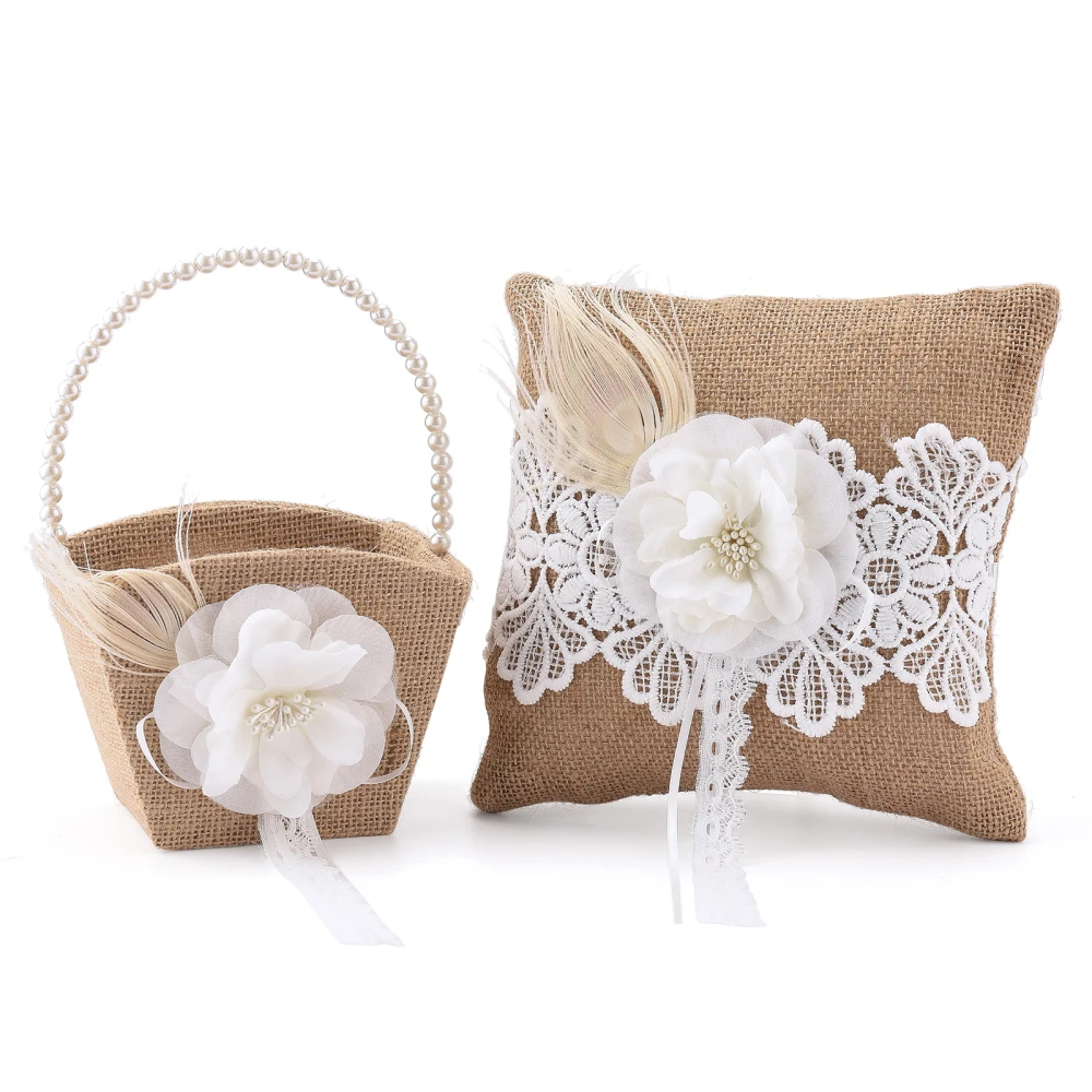 

Lace Linen Pillow Flower Basket Set PP Cotton Cloth Rings Pillows Decoration Storage Bag With Handle Wedding Party DIY Supplies