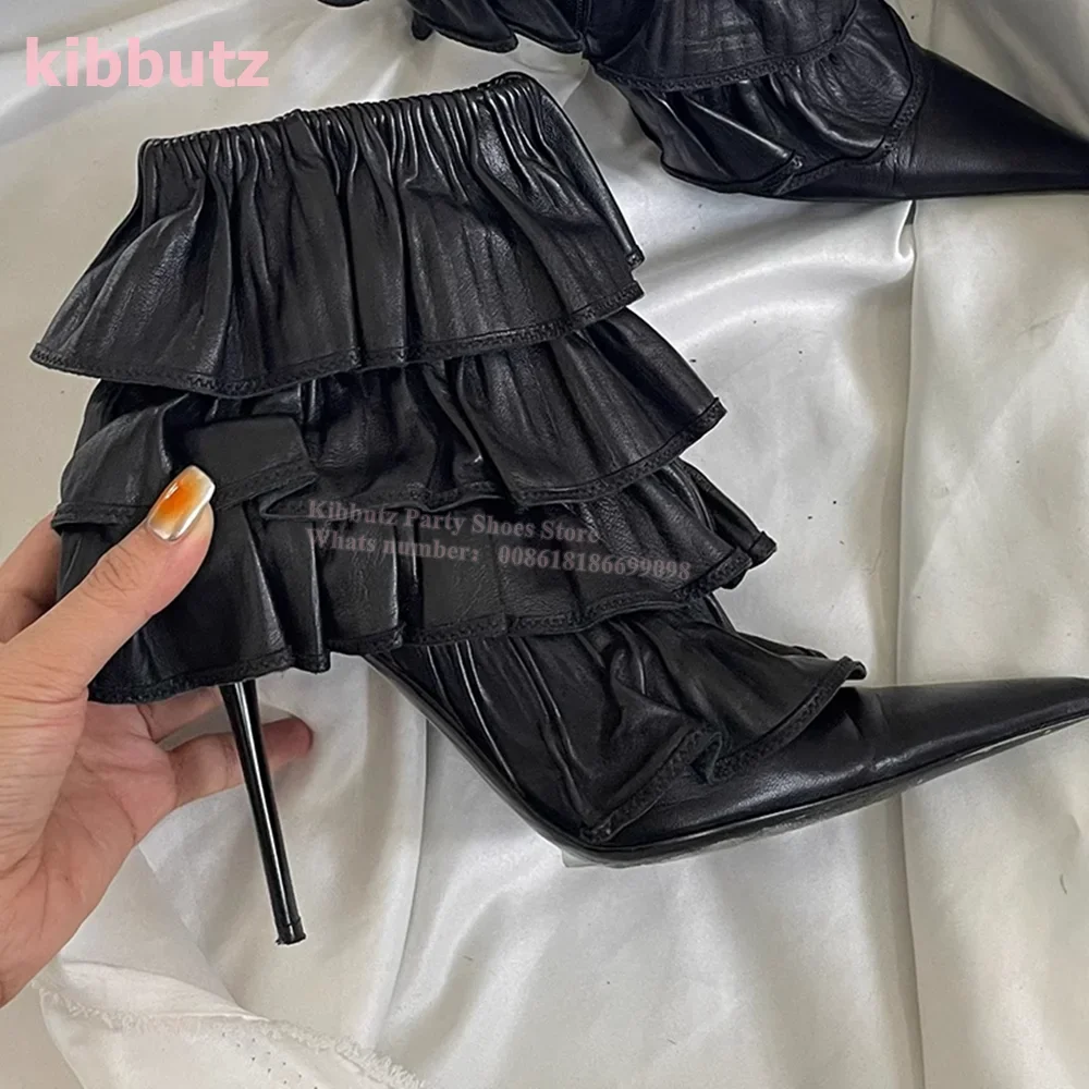 

Genuine Leather Cake Ankle Boots Thin Heel Pointed Toe Solid Black Side Zipper Fashion Runway Show Novelty Spice Girls Shoes New