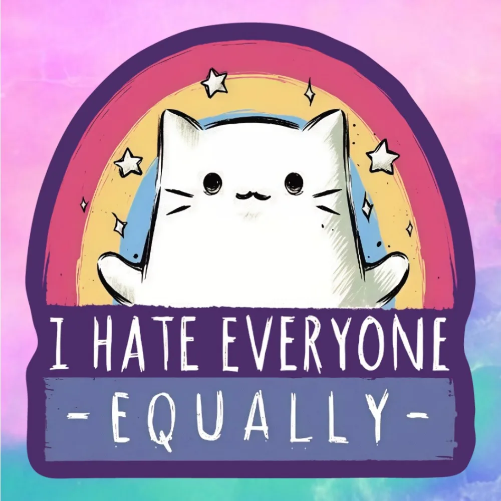 3pcs Rainbow Little White Cat, I HATE EVERYONE EQUILLY Stickers, suitable for decorating laptops, water bottles, etc