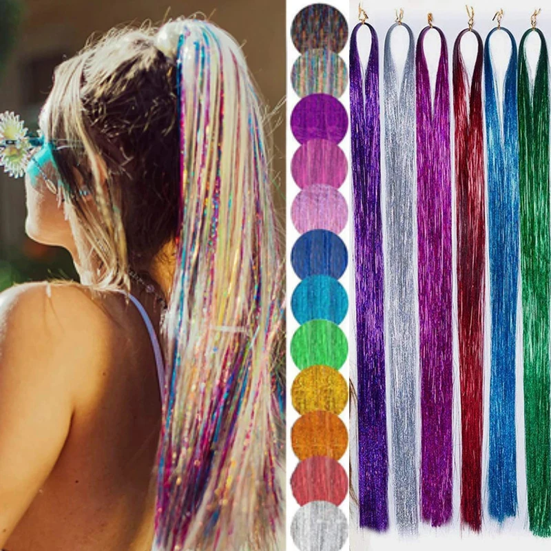 Sparkle Hair Tinsel Rainbow Colored Strands Girls Headwear Laser False Hair Extensions Decor Glitter Strips Hair Braiding Tools