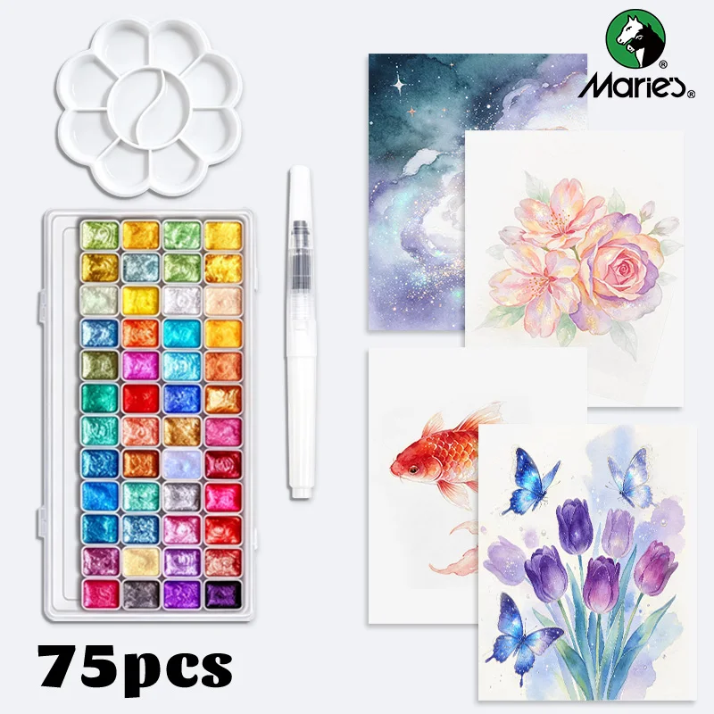78pcs Marie's Metallic Watercolor Set,48 Colors Pearlescent Paint with Water Brush,Palette,Papers for Mixing,Highlighting