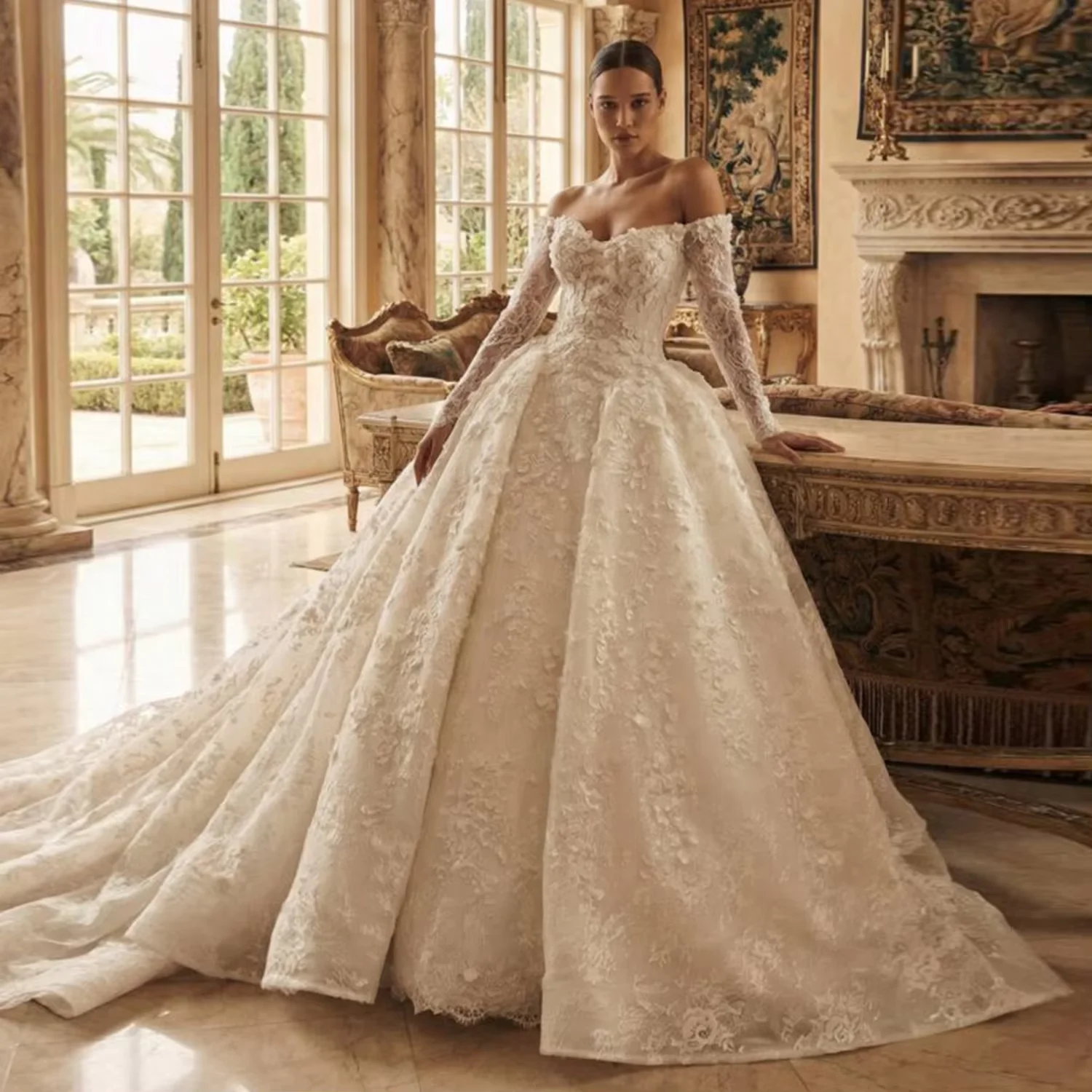 Off The Shoulder Ball Gown Wedding Dress Sheer Long Sleeve 3D Floral Lace Appliques Cathedral Train Luxury Bridal GownCustom