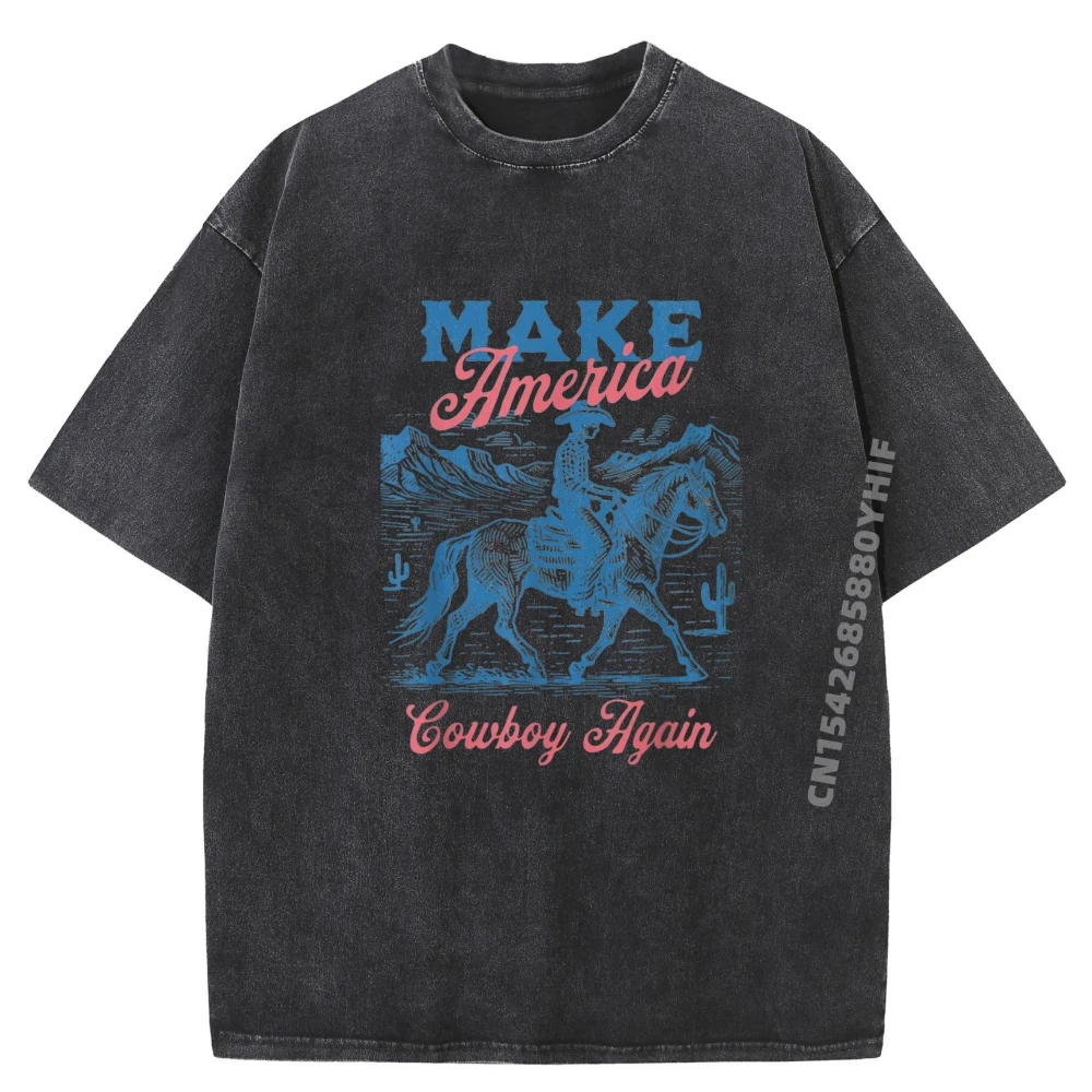 

Make America Western Cowboy Again Retro 4th Of July Grey Shirt Graphic Tee Cotton Comfort Washed T Shirt Men