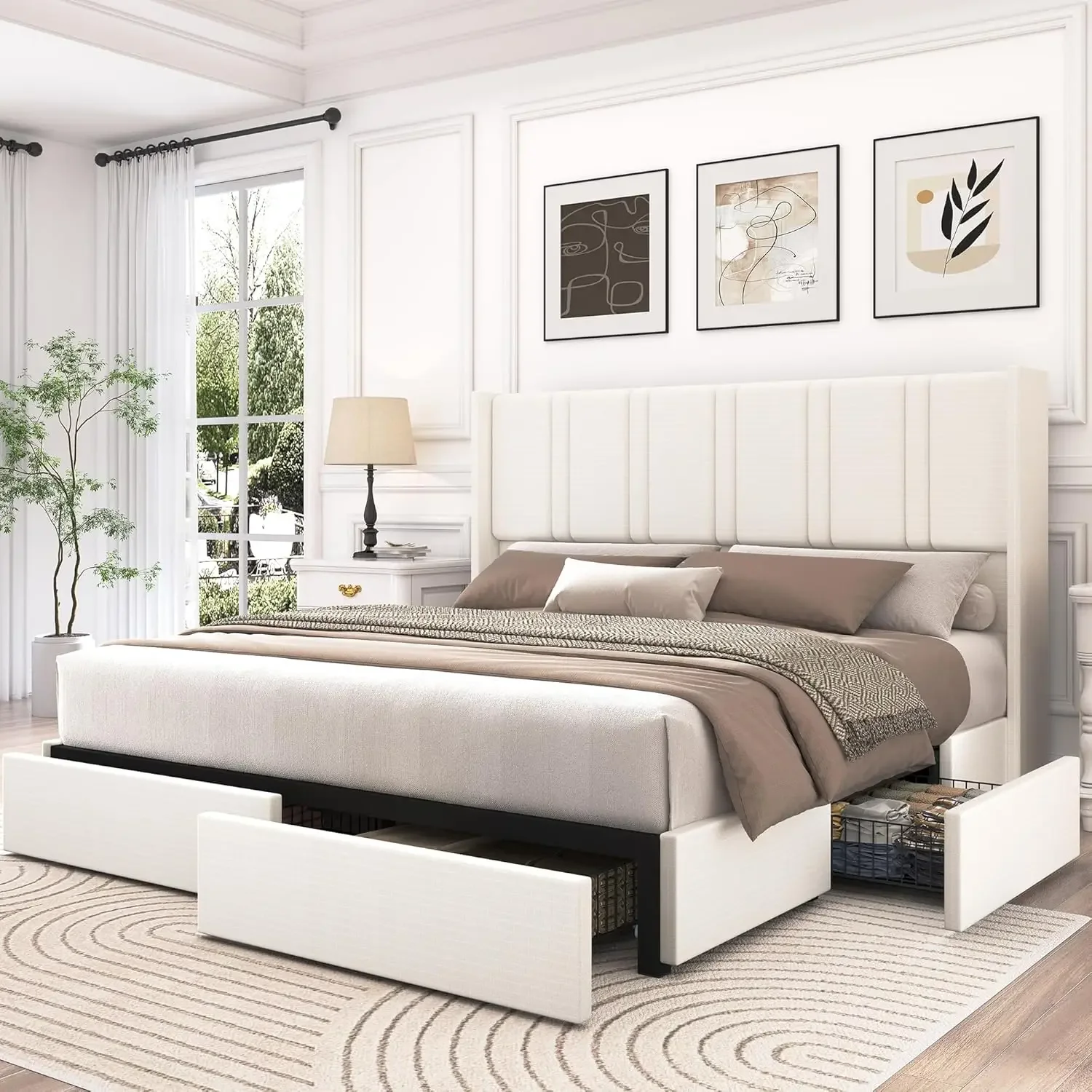 Bed Frame with 4 Storage Drawers and Vertical Channel Tufted Headboard Linen Upholstered Platform Bed Wingback Bed Frame