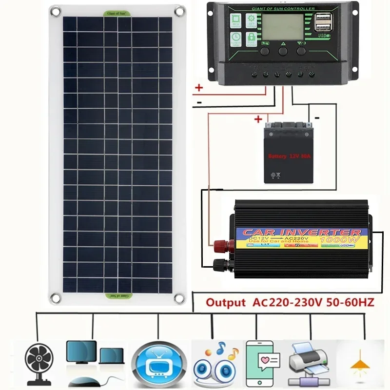 220V Solar Power System 30W Solar Panel Battery Charger 1000W 220W Inverter USB Kit Complete Controller 220V Home Grid Camping