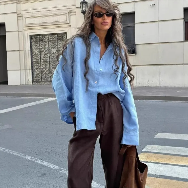

Women's Linen White Shirt Long Sleeve Elegant Pink Loose Fashion Blouse Summer Vintage Basic Top Lapel Shirt For Women 2025 Fall
