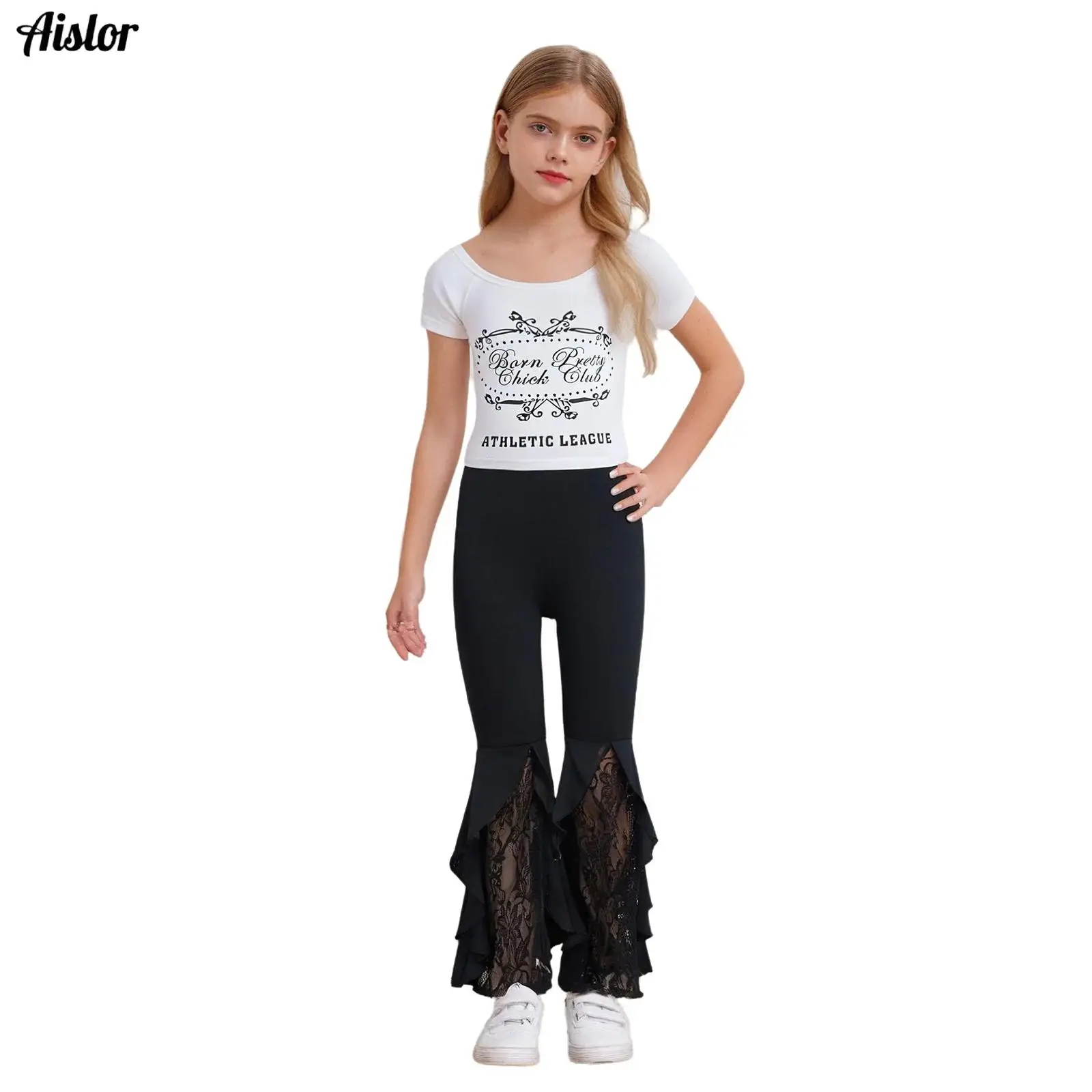 

Kids Girls 2-Piece Fashion Outfit Summer Short Sleeve Scoop Neck Letter Printed Top + Lace Patchwork Ruffled Bell-Bottom Pants