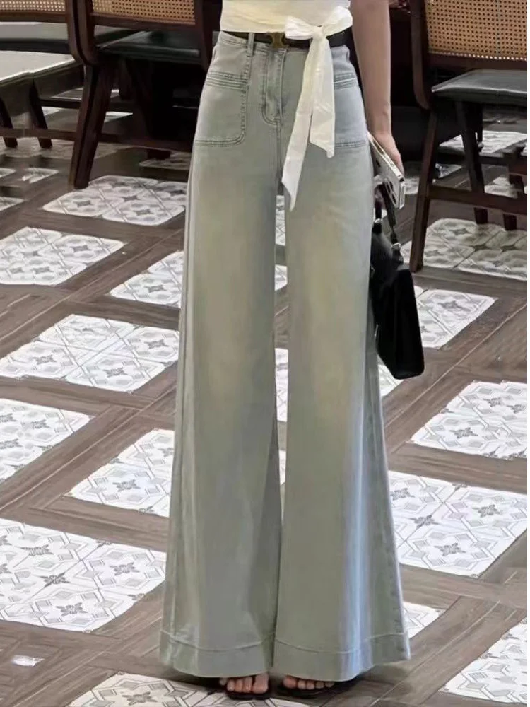 Vaqueros anchos de do claro para mujer, talla pequeña, hoados, efecto adeazante, versátiles, con caída, acampanados, ...