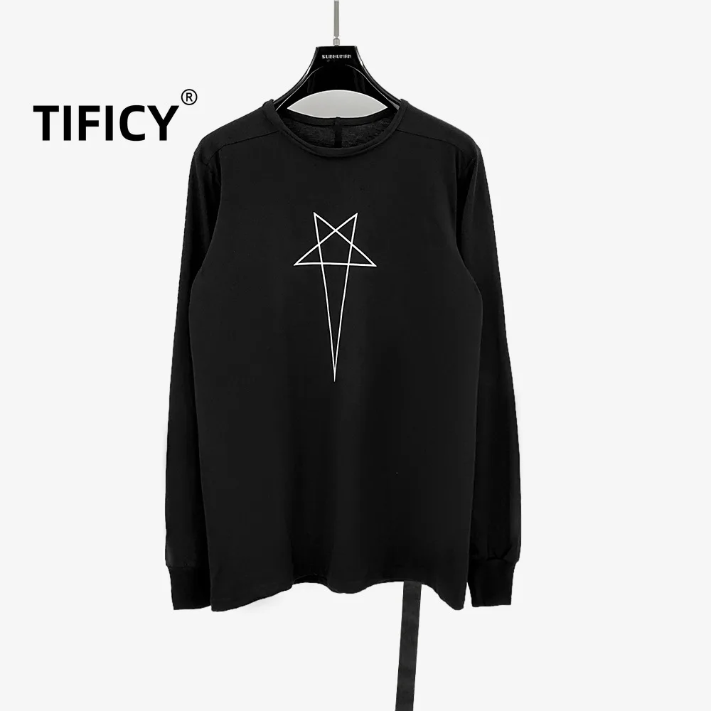 

High Street Tees Tshirt Tops Men's Dark Style Fringed Collar with Star Print Long Sleeves Slim Fit Base Simple Pullover Tshirt