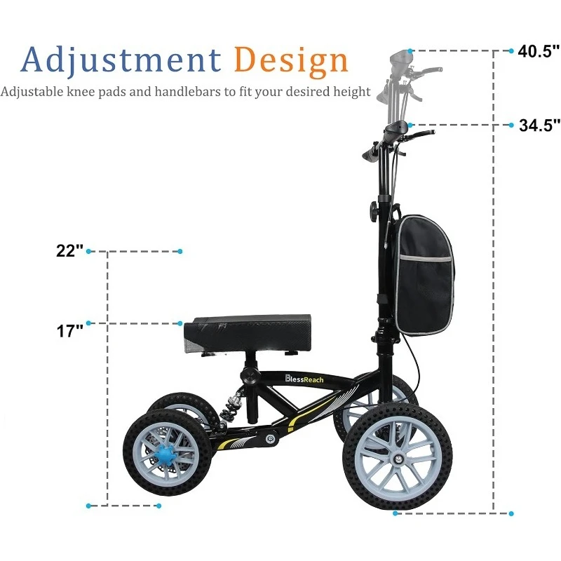 All Terrain Opvouwbare Knie Scooter Walker, Schijfrem Knie Walker Voor Voetblessures, Compacte Krukken Alternatief (Zwart)