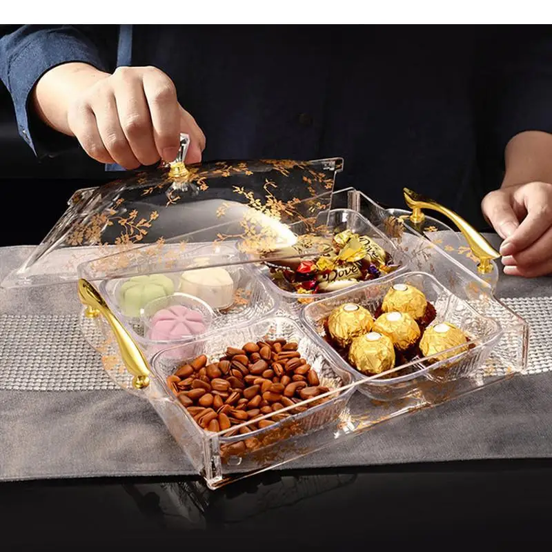 Transparent Acrylic Dried Fruit Snack Plate Rectangular 6 Squares Compartment Platter Living Room Candy Tray with Cover