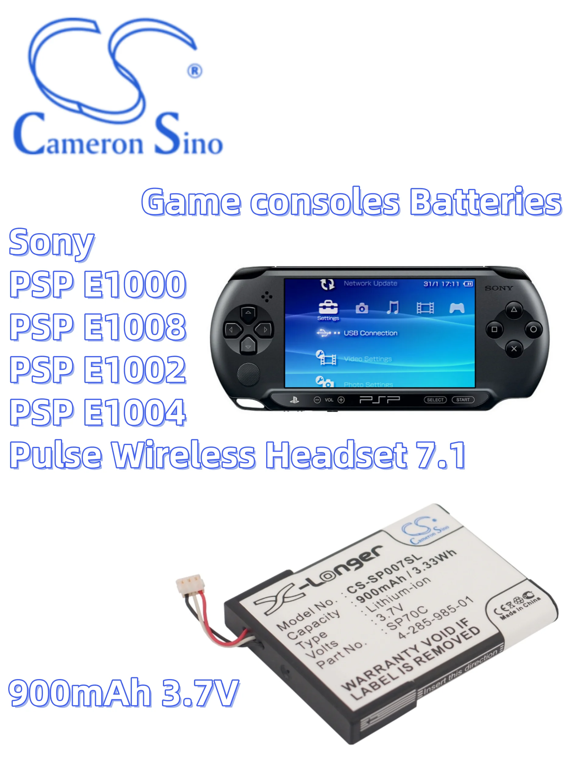 

battery Cameron sino batters Game Console battery 900mAh for Sony PSP E1000 PSP E1008 PSP E1002 PSP E1004 SP70C 4-285-985-01