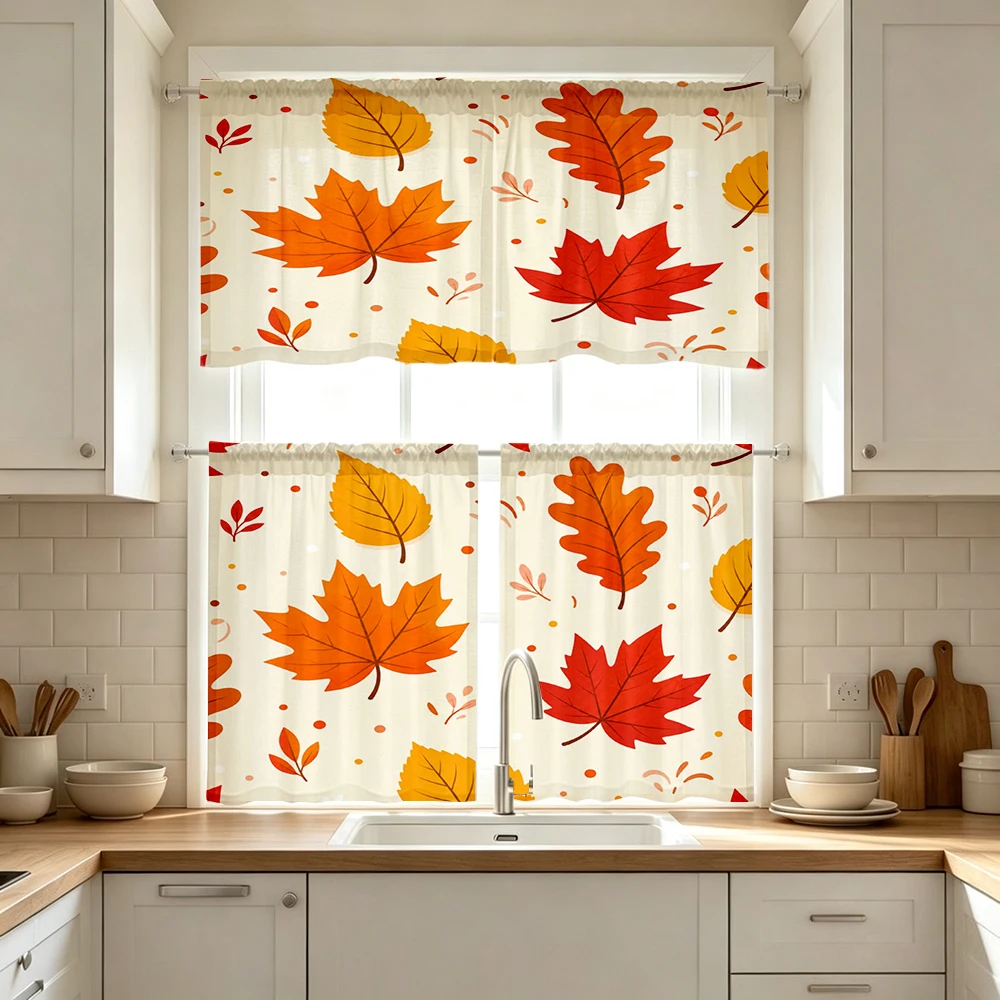 Thanksgiving Fall Kitchen Curtains, Orange Red Maple Leaf, Digital Print, Kitchen Dining Room, Rod Pocket Polyester, Home Decor
