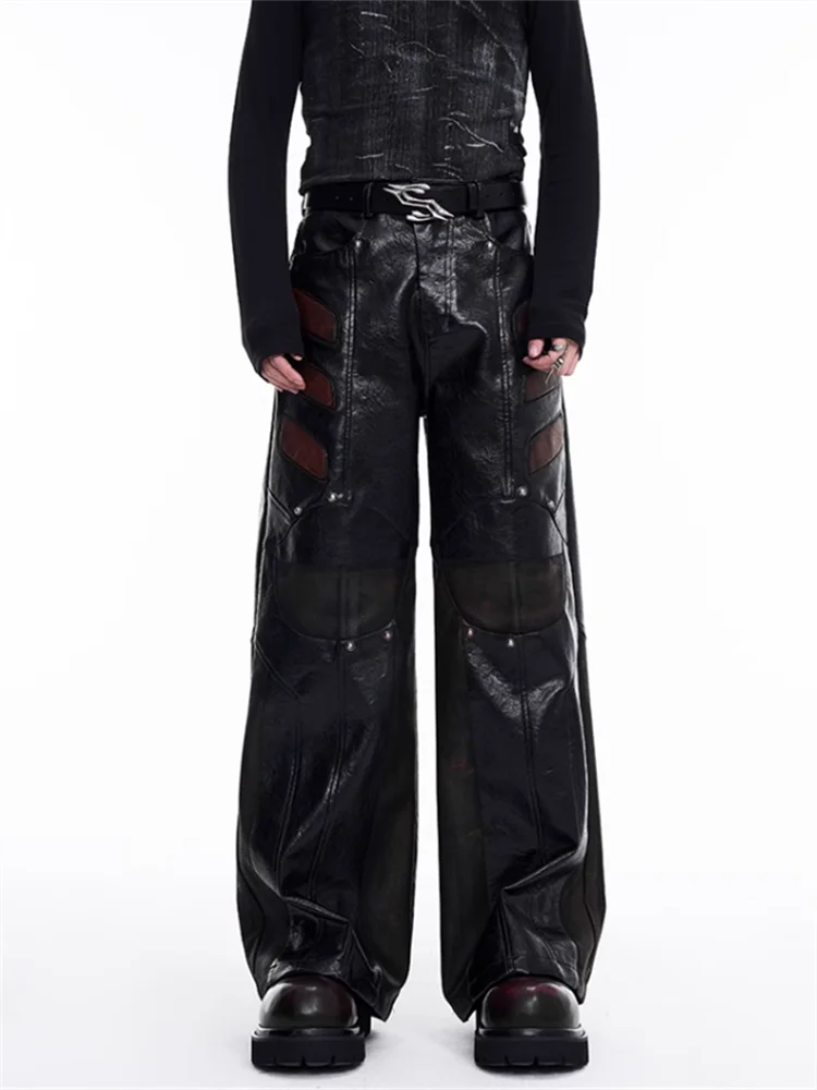 2024 Structure design Splicing bright PU leather straight pants men's autumn and winter heavy motorcycle casual pants