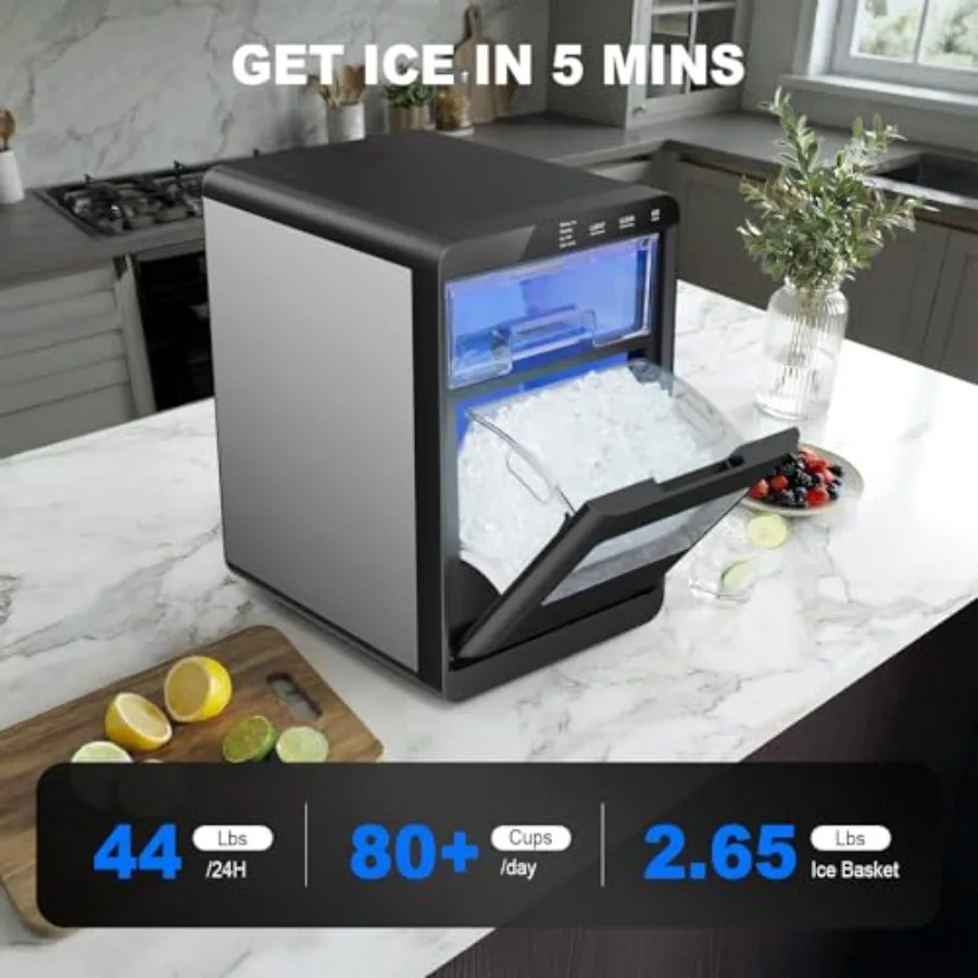 Countertop nugget ice maker for home, kitchen, office, party; stainless steel; silver; 44 lbs/24h output, soft ice in 510 mins,
