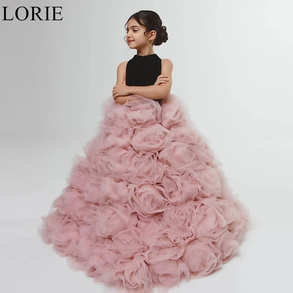 

LORIE Luxury Black and Rose Pink Velvet Flower Girl Dresses Ball Gown High Neck Flowers Bow Fairy Birthday Party Dress Customize