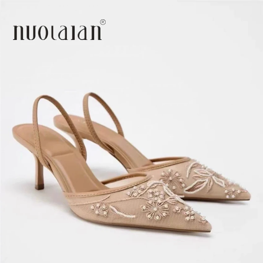 Sandali moda ricamati in rete Donna String Bead Tacchi alti Ciabatte Scarpe a punta Pantofole con cinturino alla caviglia Donna Zapatos De Mujer