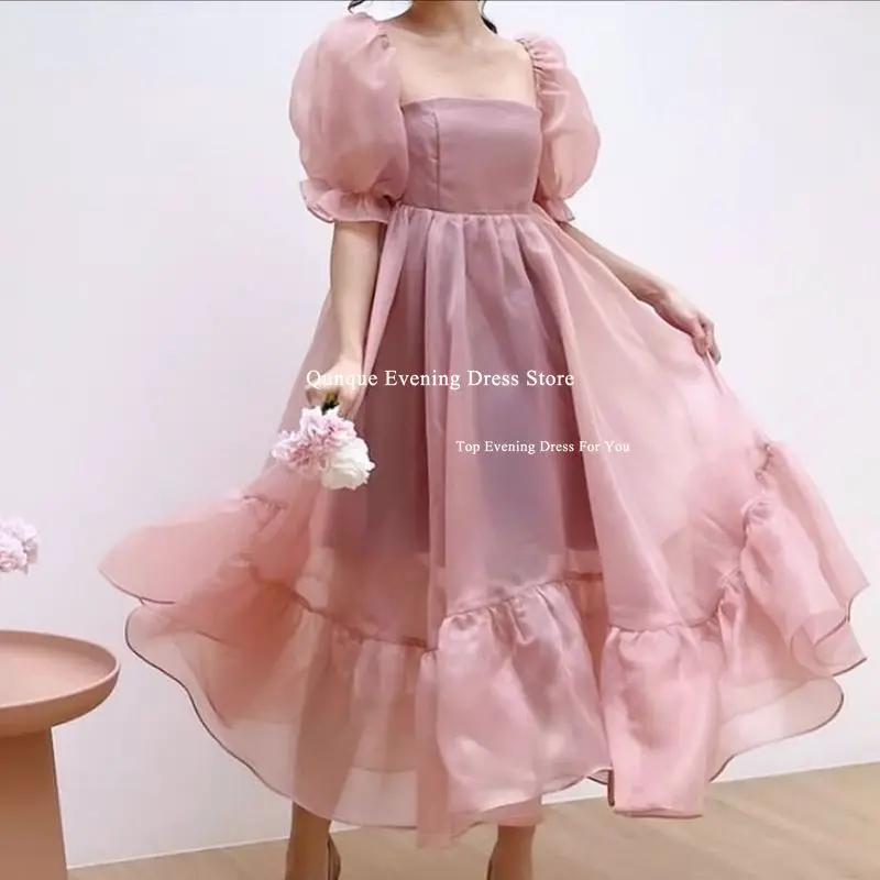 Qunque Dusty Pink Organza Prom Dresses Half Sleeves Puff Customized Graduation Party Dress Tea Length Pageant Robes De Soirée