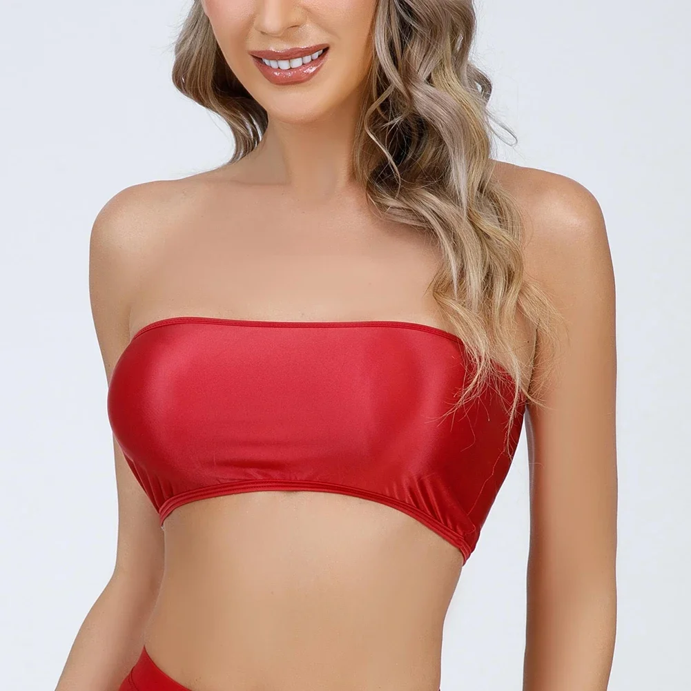 

Women Oil Glossy Stretch Shiny Strapless Crop Tube Fashion Top Comfortable Rave Bandeau Bra Tank Classic Top Solid Color T-shirt