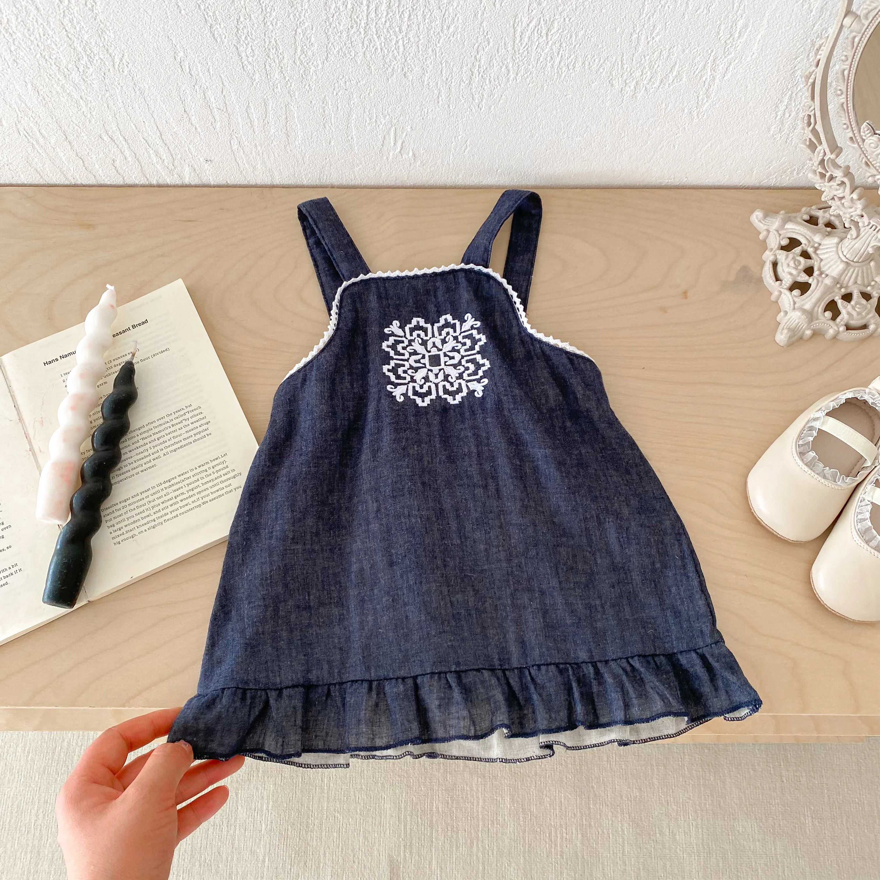 Korean Style Baby Sling Dress Summer New Long Dress for Girls, Navy Blue One-Piece Dress, Skin-Friendly