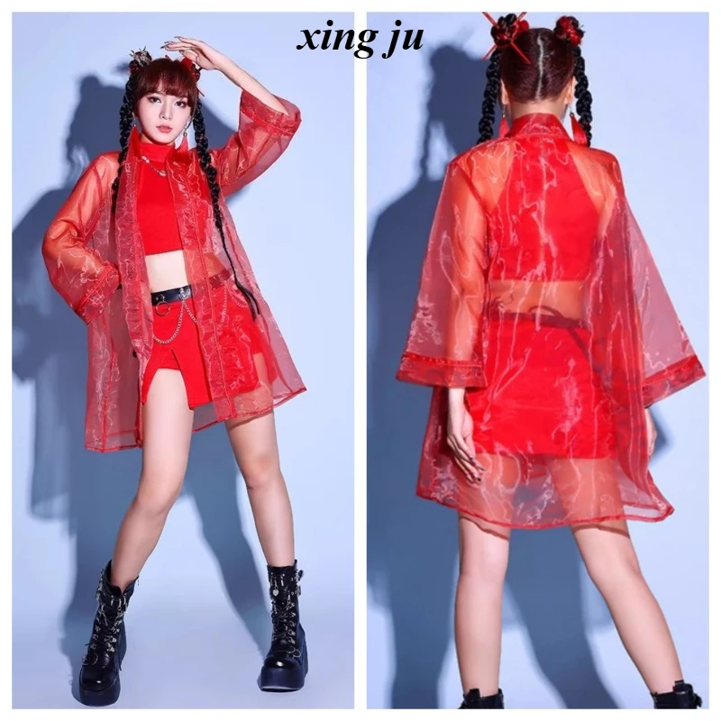 

Костюм для джазовых танцев Xing Ju Custom Kpop: красный наряд для женщин, для выступлений в ночных клубах, для диджеев, певиц и танцовщиц, уличный рейв-костюм