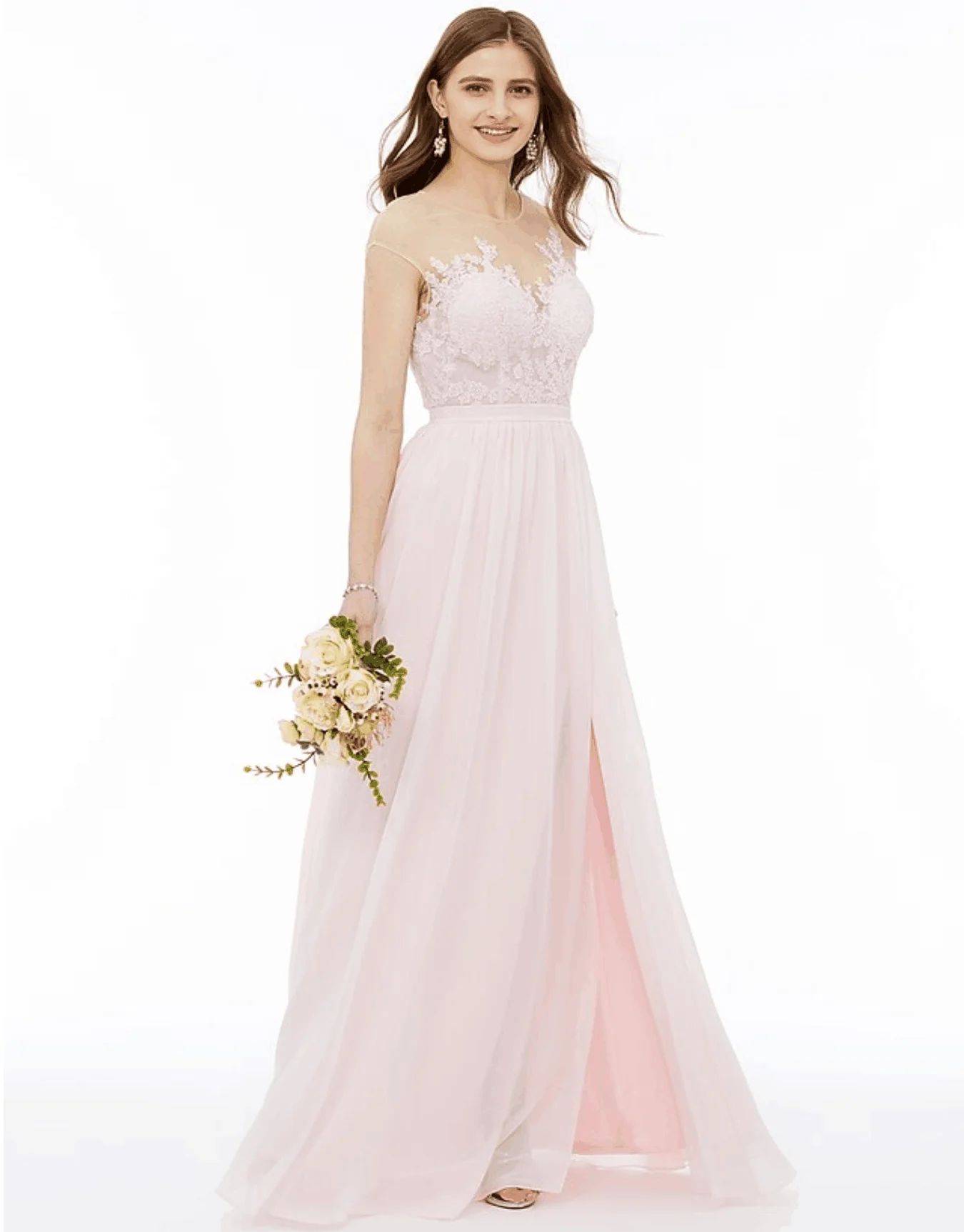 Scoop Neck Lace Appliques A-Line Chiffon Floor- Length Bridesmaid dresses2024