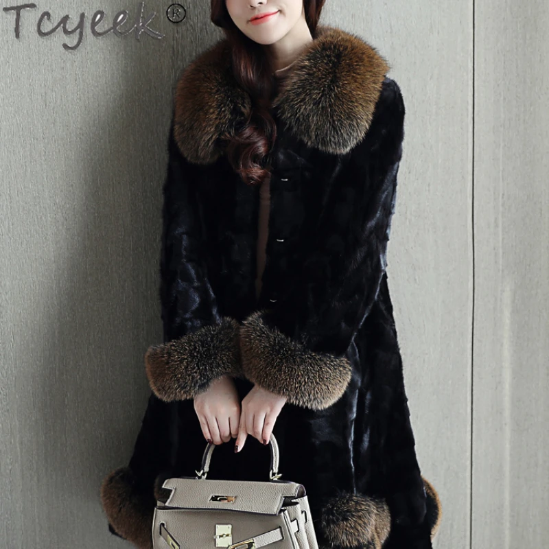 

Tcyeek Real Mink Fur Coat Women Fashion Mid-length Women's Real Fur Jacket Warm Fox Fur Collar Winter Jackets Patchwork Mink