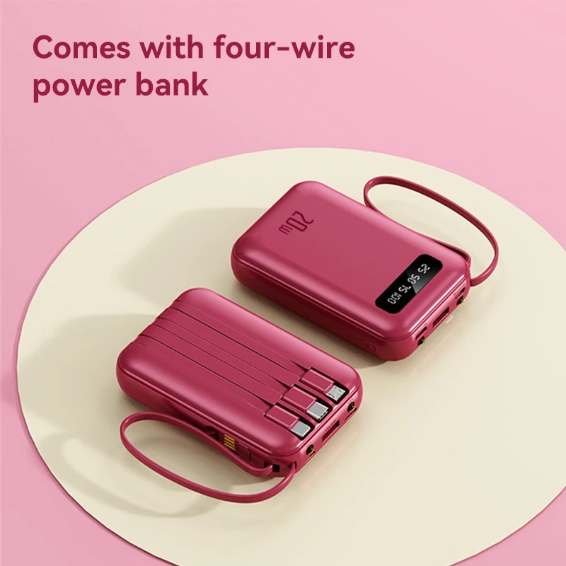 4-in-1-Powerbank, 20000 mAh, integriertes Kabel, 20 W, Schnellladung, Powerbank, wasserdicht, tragbar, externes Ladegerät für Mobiltelefone