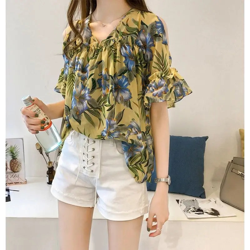 Fashion Off Shoulder Printed V-Neck Spliced Flare Sleeve Loose Chiffon Blouse Summer Casual Tops Oversized Commute Women\'s Shirt