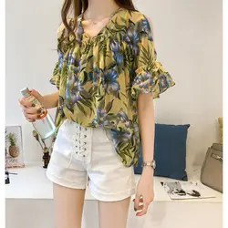 Fashion Off Shoulder Printed V-Neck Spliced Flare Sleeve Loose Chiffon Blouse Summer Casual Tops Oversized Commute Women's Shirt