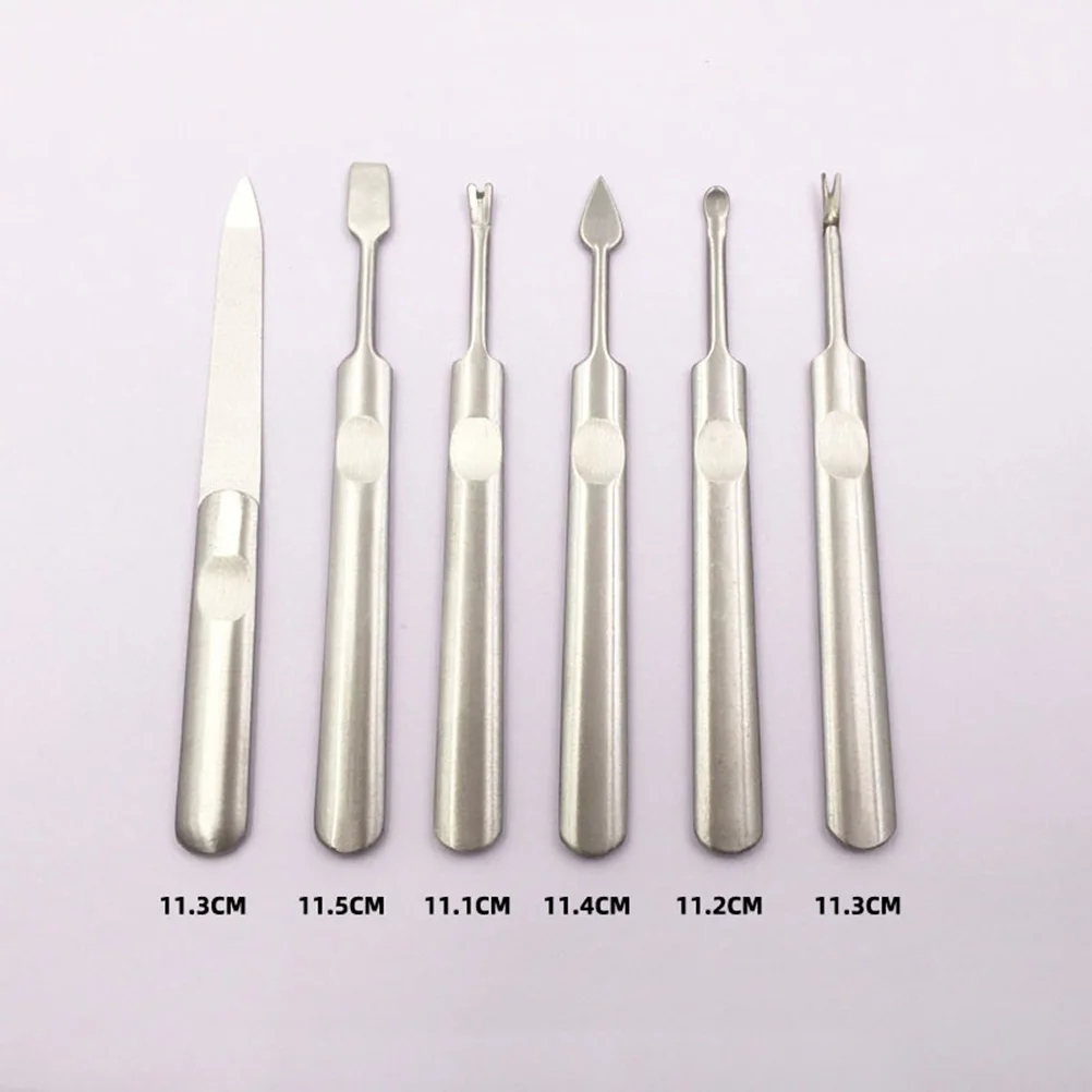 1 conjunto de ferramentas para arte em unhas, aço inoxidável, lixa, empurrar pele morta, garfo, cabo longo, profissional, aparador de cutícula, removedor prático