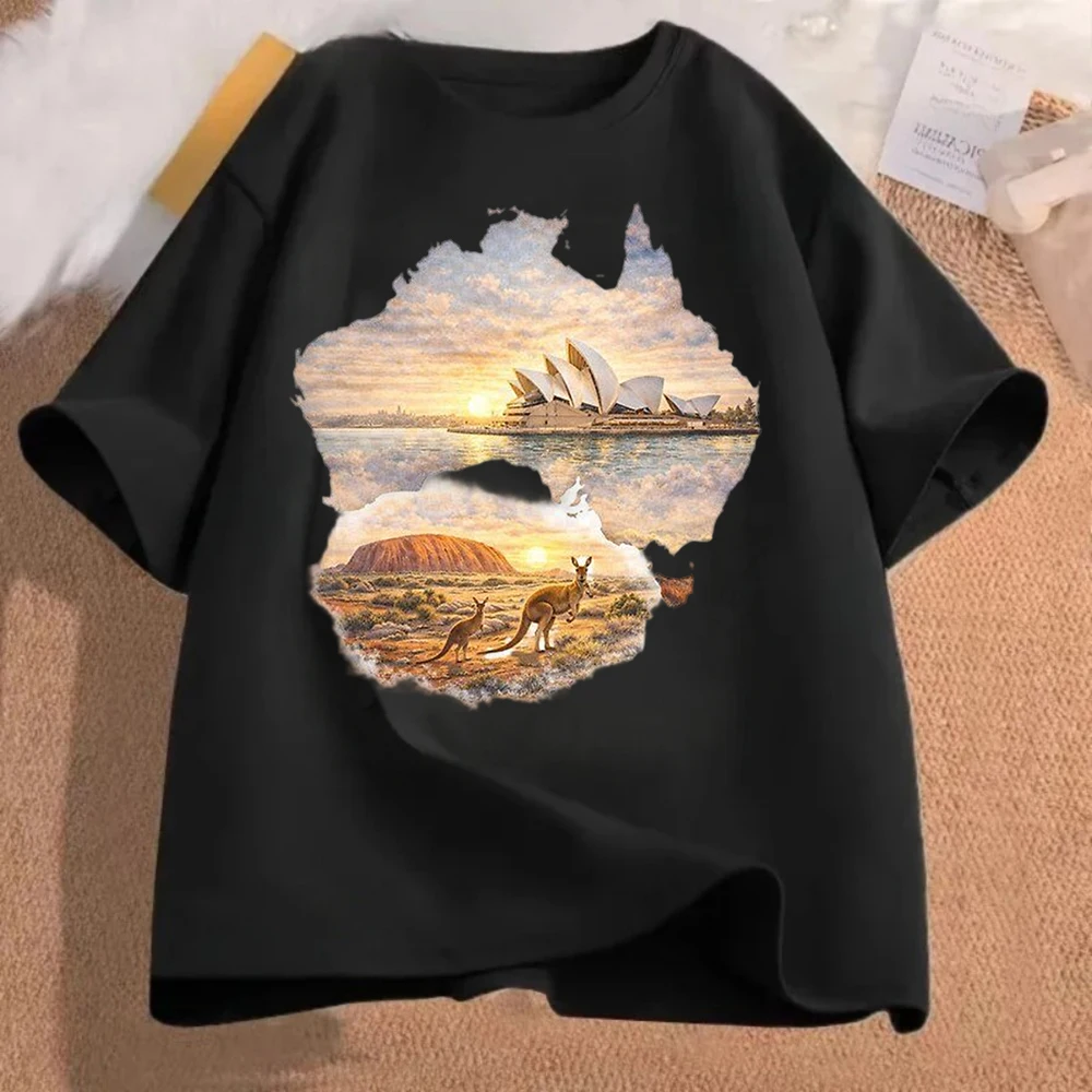 Vintage Scenery T Shirt Retro Map Outline Design Famous Landmarks and Wildlife Print Casual Short Sleeve Top for Women Men