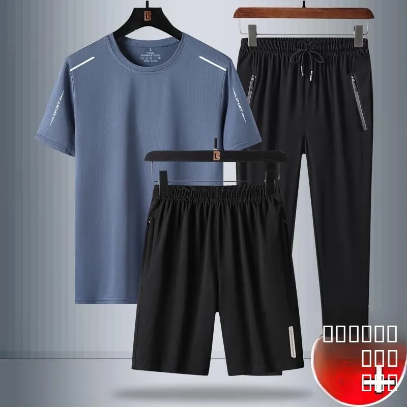 

Ice Silk Sports Set Men's Summer Thin Quick Dry Short Sleeve T-Shirt Dad Casual Running Three-piece Set Lightweight Comfortable