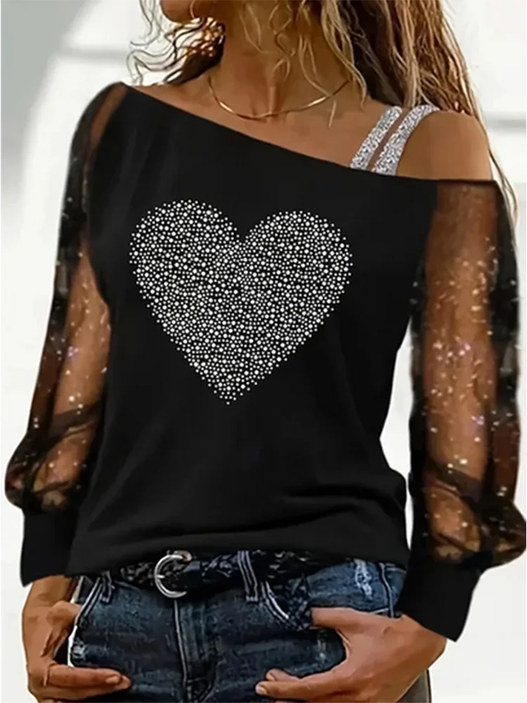 One Shoulder Off Black T-Shirt Trend Transparent Long Sleeves Love Heart Top Sexy Women's T-Shirt