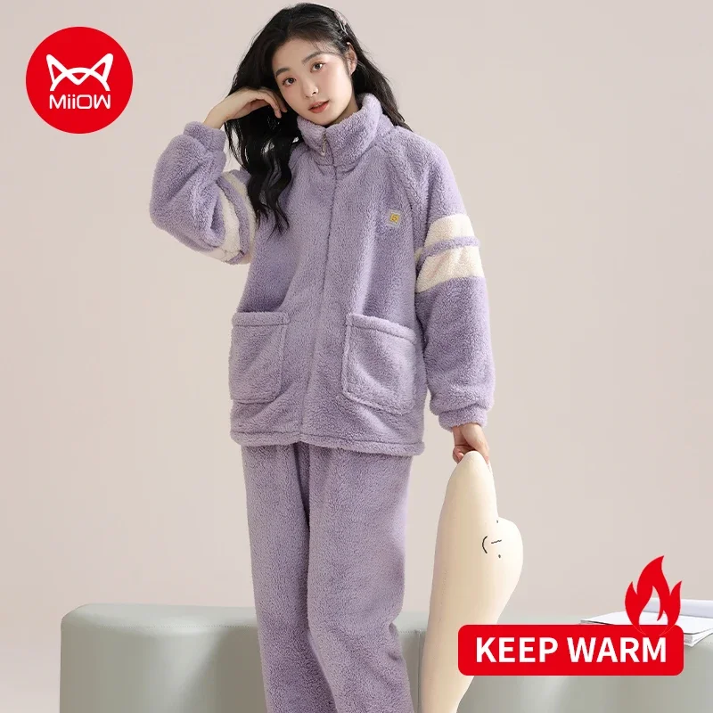 

MiiOW Winter Zipper Flannel Warm Women Pajamas Set Thicken Soft Loungewear Female Oversize Coral Fleece Sleepwear Plush Homewear