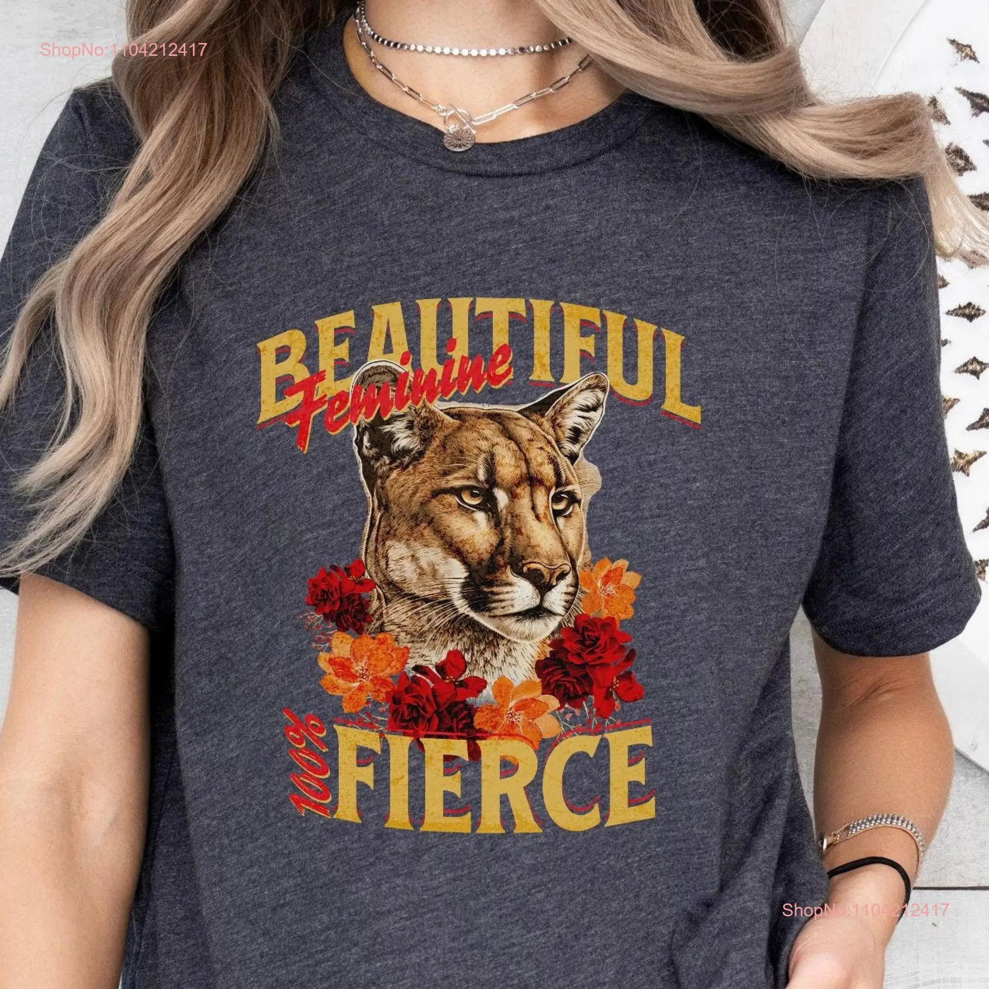 Christian Retro 90s T Shirt Mountain Lion and Flowers for Woman Strong Trendy Her long or short sleeves