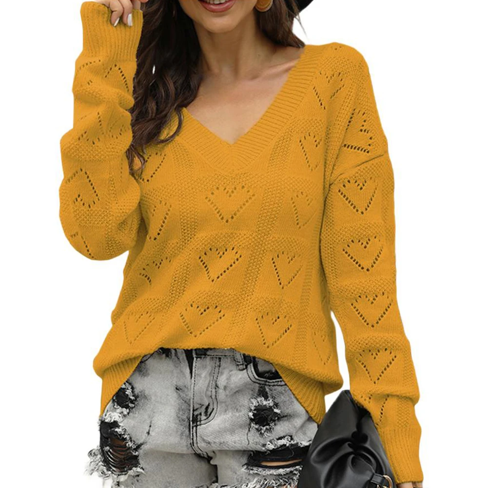 Locker sitzender Damen-Pullover mit V-Ausschnitt, langen Ärmeln, hohlem Herz, Häkelpullover, lässige Strickwaren, geeignet für Party und den täglichen Gebrauch